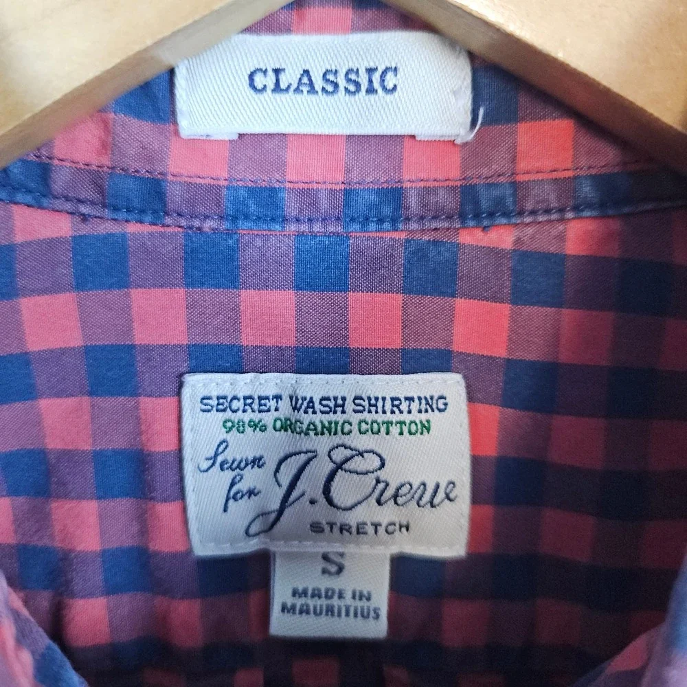 J Crew Men's Blue & Red Checks Classic Shirt Size S Organic Cotton Blend Stretch